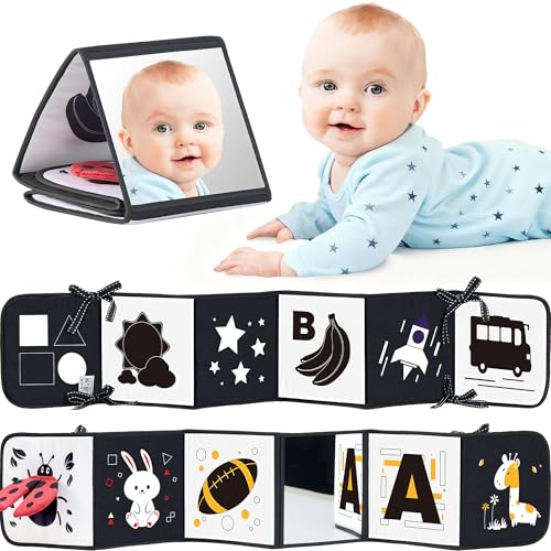 Black and White Baby Books for Newborn - Tummy Time Mirror & Sensory Toys Soft Montessori Toy for In